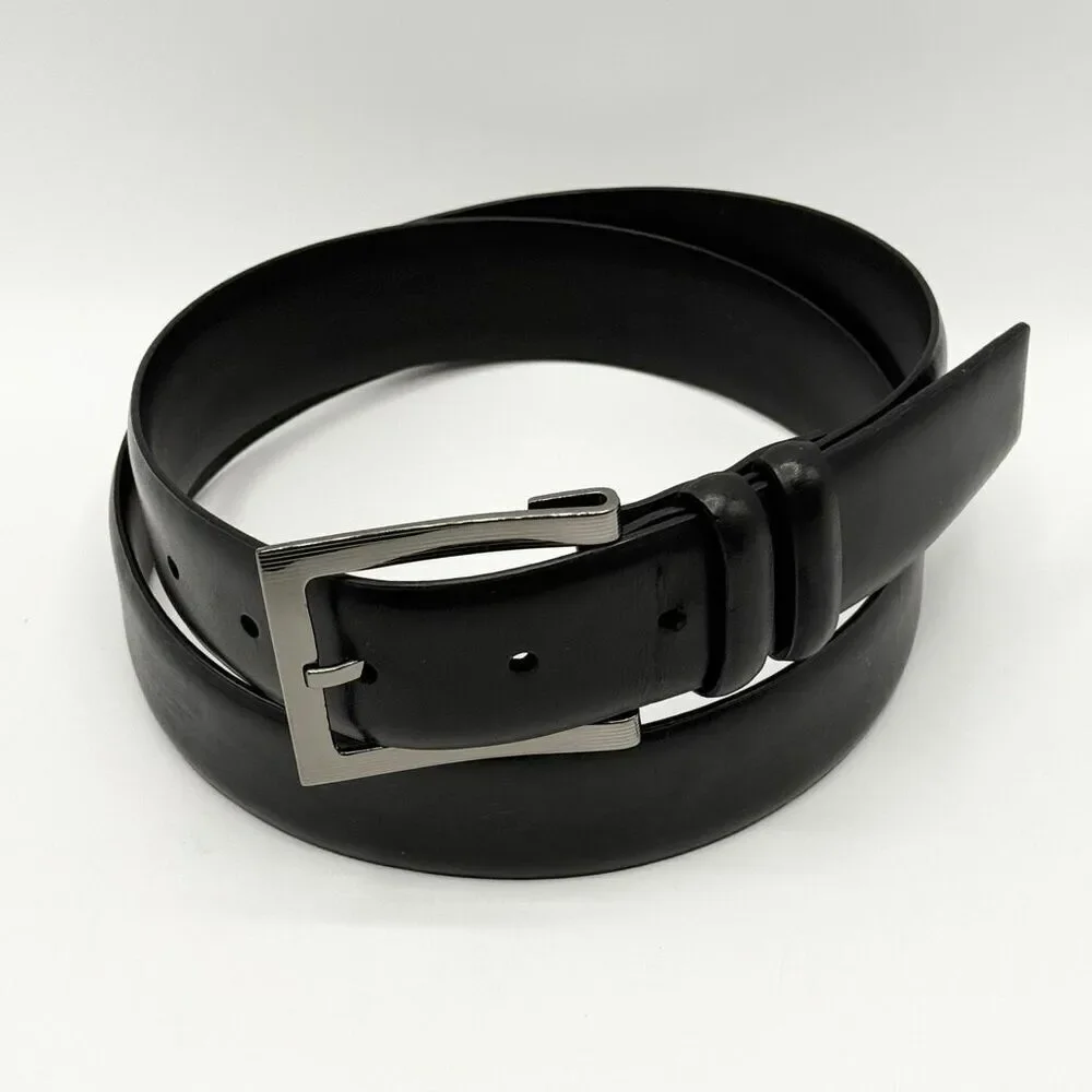 Genuine Leather Black Belt with Chrome Silver Buckle - Men’s US 36